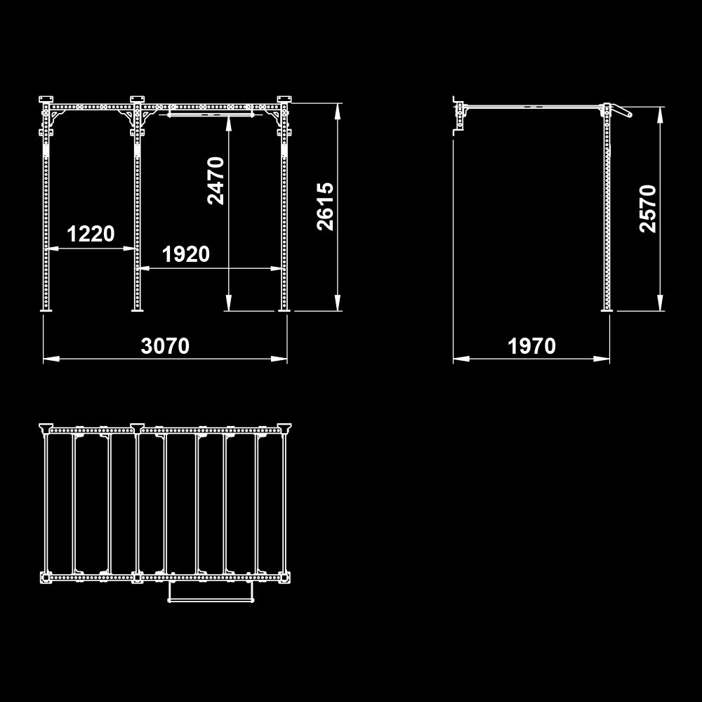 The picture shows the dimensional sketch of the ATX® FUNCTIONAL WALL RIG 700 - WALL MOUNTING - SECTOR 2